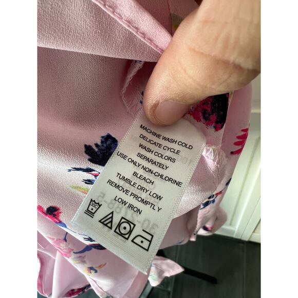 Roaman's Plus Size Light Pink Floral lightweight button up long sleeve blouse - Picture 8 of 9